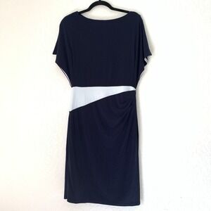 Lauren Ralph Lauren Dress 10 Navy White Midi Ruched Flutter Sleeve Career Office